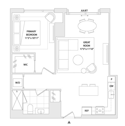Floor plan for 1 bed, 1 bath, 784 sqft